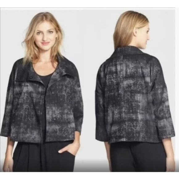 Eileen Fisher Charcoal Grandeur Cotton Jacquard High Collar Lined Jacket -Size L
